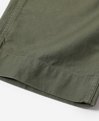 Olive utility pants hem with stitched seam and cuff