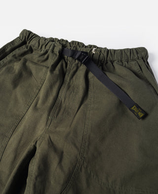 Olive elastic waistband climbing pants with drawcord and label