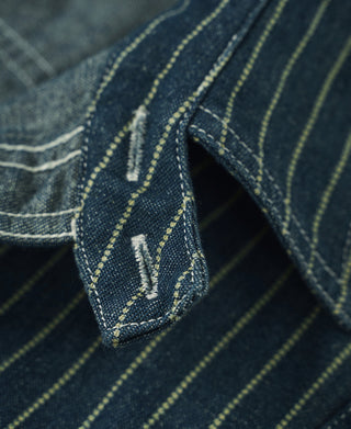 Indigo striped cuff area close-up with button tab and reinforced stitching