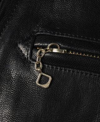 Black leather jacket zip placket with metal D-ring pull and chain