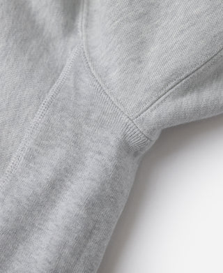 Gray hoodie neckline seam and knit texture detail, close-up