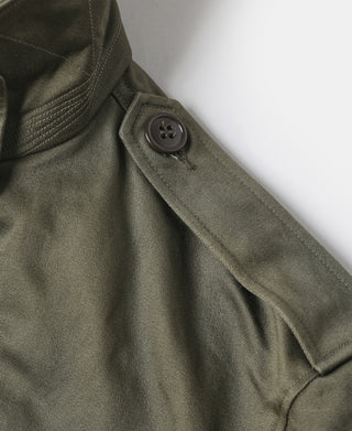 Olive field jacket shoulder and collar with dark button and stitched panel