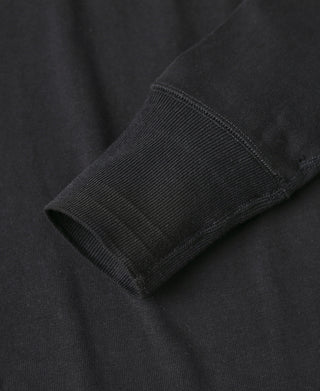 Black long-sleeve henley cuff and stitching detail with ribbed knit texture.