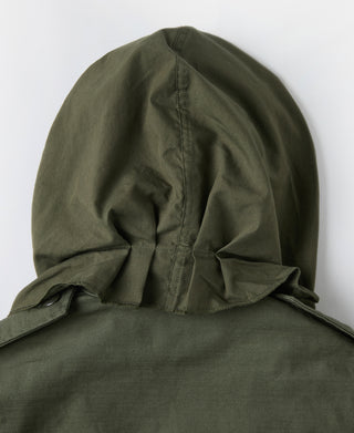 Olive field jacket with hood and snap front placket