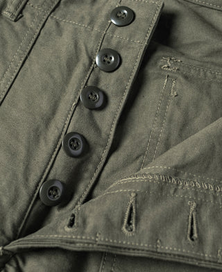 Olive utility shorts close-up of snap button placket and cargo flap pocket