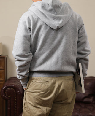Gray terry cloth full-zip hoodie with drawstring hood and front zipper, back close