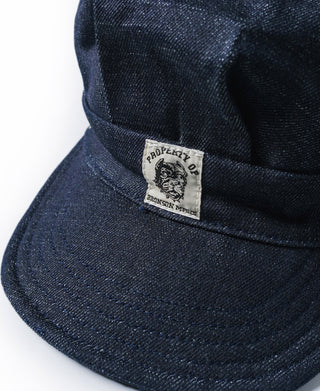 Indigo denim engineer cap front label patch on curved brim
