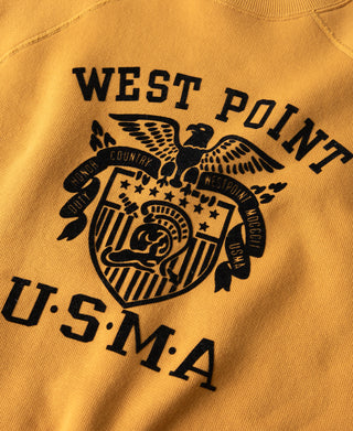Yellow heavyweight raglan sweatshirt with West Point emblem and U.S.M.A. text