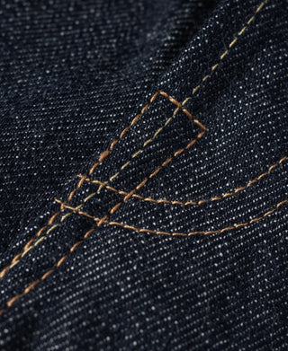 Indigo denim close-up showing copper thread double-needle seam stitching