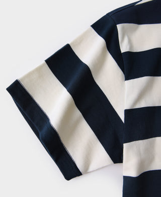 Heavyweight cotton t-shirt sleeve cuff with navy and white wide stripes