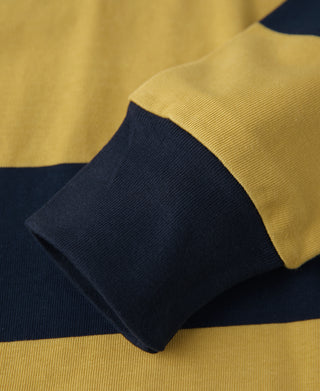 Yellow and navy striped jersey rugby shirt sleeve cuff with ribbed trim