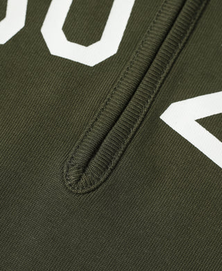 Olive quarter-zip long-sleeve t-shirt ribbed collar and partial front graphic detail