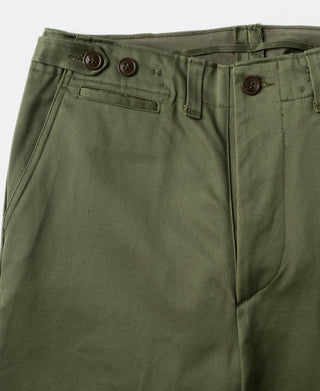 Olive field trousers with pleated front and zip fly