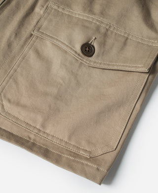 Khaki flight jacket close-up of chest pocket with buttoned flap