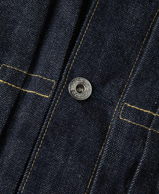 Indigo denim jacket snap button and reinforced seams