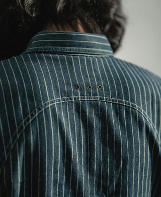 Indigo Wabash work shirt back yoke close-up with three dark buttons.