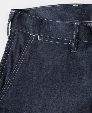 Indigo dungaree waistband with patch pocket, belt loops, and button fly