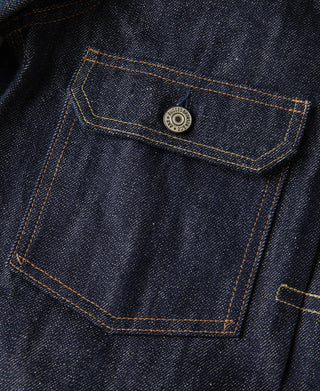 Indigo denim jacket chest flap pocket with round metal button