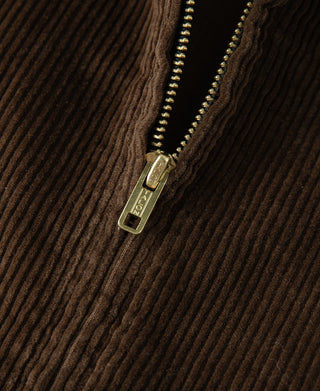 Brown corduroy jacket front zipper with metal pull and two rows of teeth.