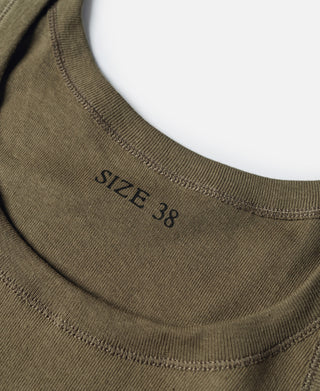 Olive ribbed crew neckline with printed “SIZE 38” on cotton tank top