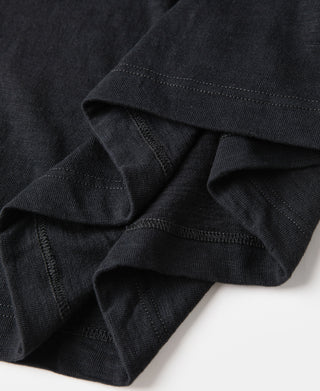 Black cotton T-shirt cuff and sleeve seam close-up