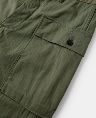 Olive fatigue trousers close-up of side cargo pocket with button detail.