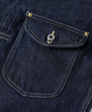 Indigo denim jacket chest pocket with metal snap and contrast yellow stitching