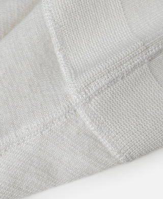 White knit henley T-shirt collar and neckline seam close-up