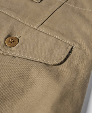 Khaki officer trousers front pocket flap with round brown button