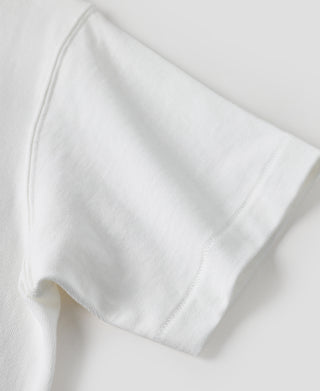 White t-shirt fabric closeup on short sleeve and side seam