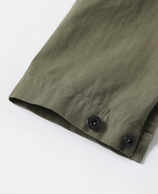 Olive utility jacket sleeve cuff with dark button