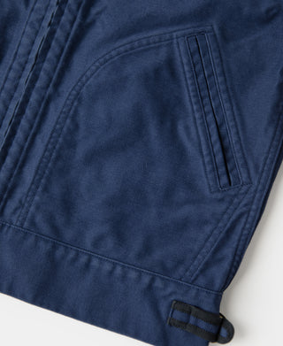 Blue moleskin Cossack jacket side pocket with vertical welt and stitched flap