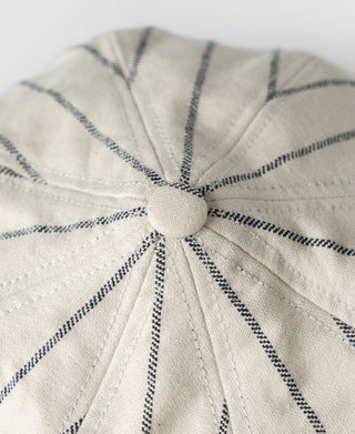 White pinstripe newsboy cap top with gathered crown and small button