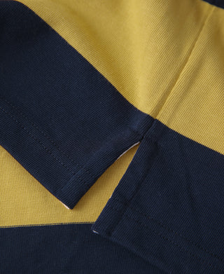 Yellow and navy striped jersey rugby shirt collar placket and side seam close-up