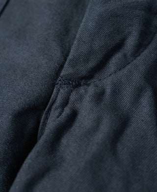 Navy shorts close-up of angled seam and pocket opening edge stitching