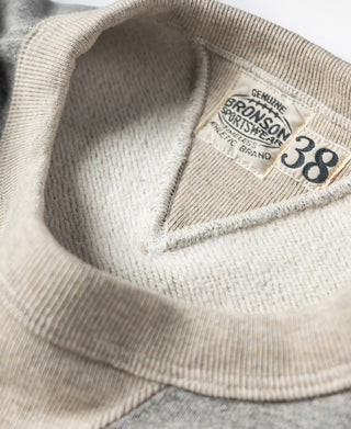 Gray fleece sweatshirt interior neck label with ribbed collar close-up