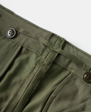 Olive trouser waistband with button closure and pleated front panel.
