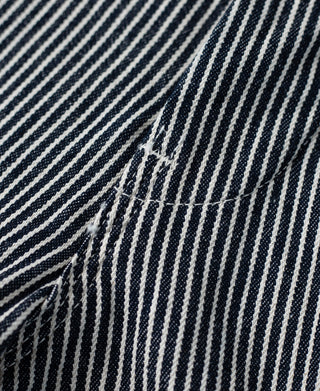 Striped carpenter pants fabric close-up with textured stitching and layered panels