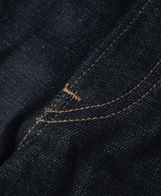 Indigo denim jeans pocket seam with tan bartack and contrast stitching