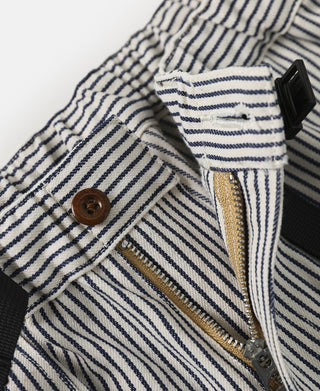 Striped front pants with button closure, zip, and gold-trim pull tab