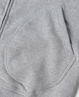Gray terry cloth hoodie front pocket opening detail with curved pocket bag