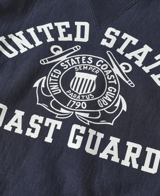 Navy sweatshirt with large white chest graphic and text, crewneck pullover