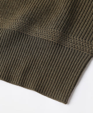 Olive ribbed knit sweater hem with thick cuff-like finish