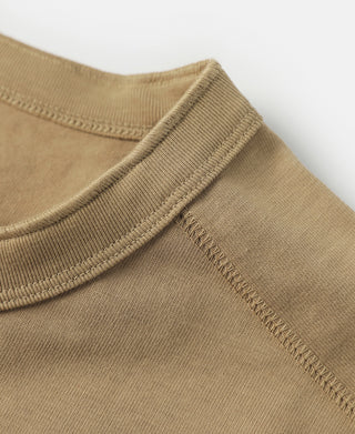 Khaki henley T-shirt collar ribbing with stitched neckline detail