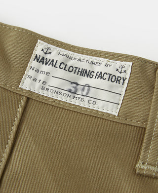 Khaki deck pants interior label: Naval Clothing Factory, size 30, Bronson Mfg Co
