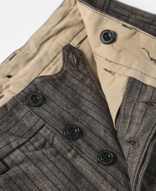 Dark gray pinstripe pants with black button and interior tan waistband lining