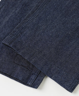 Indigo denim trouser leg hem with turn-up cuff detail