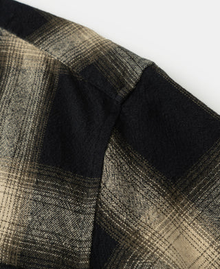 Brushed cotton ombre check sports shirt shoulder and pocket close-up with check pattern
