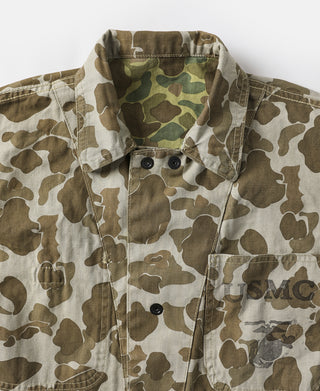 Camo jacket close-up of collar, snap buttons, and chest flap pocket.
