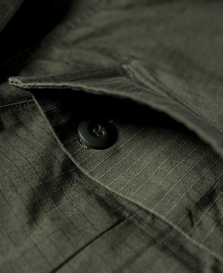 Close-up of olive jacket sleeve cuff with button closure